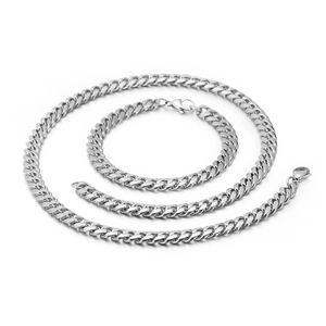 Classic 8mm silver polished stainless steel Cuban link chain necklace and bracelet set