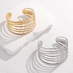 Minimalist wide layered hollow titanium steel open cuff bracelet in gold and silver finish