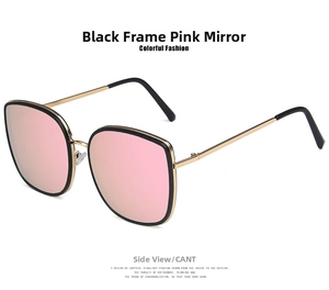 Side view of white square frame sunglasses with pink mirror lenses and gold metal arms