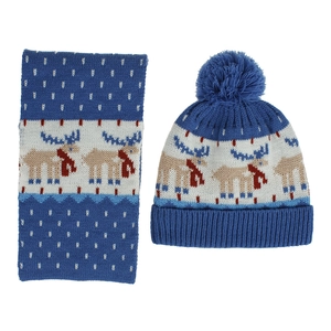 Détails de l'ensemble bonnet et écharpe d'hiver pour enfants avec motif renne bleu