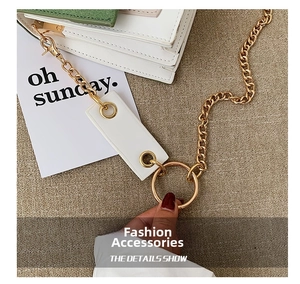 Close-up of golden metal chain and square hardware on a green and white leather crossbody bag