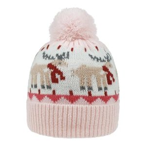 Close-up of pink knit winter hat featuring reindeer patterns and a fluffy pom-pom top
