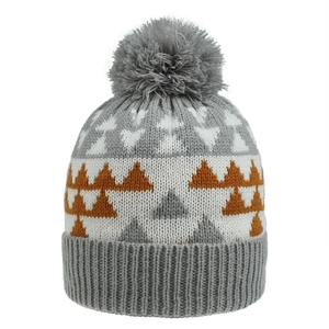 Macro shot of gray knitted dinosaur pattern hat showing detailed texture and pom-pom
