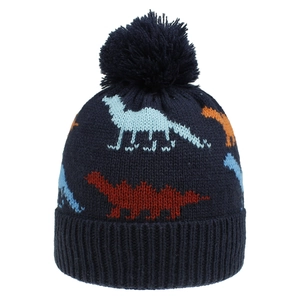 Detailed view of dark blue knit hat featuring colorful dinosaur patterns and top pompom