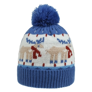 Detailed view of winter knit beanie with reindeer jacquard pattern and blue pompom
