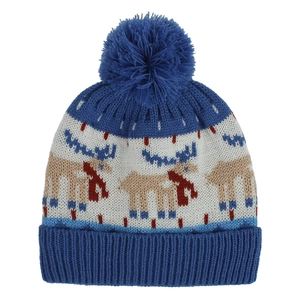 Kids blue knit dinosaur reindeer beanie with large blue pompom and soft lining