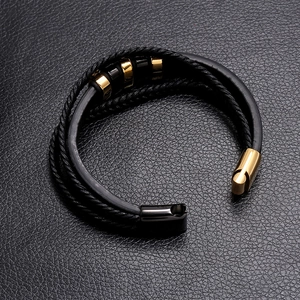 Men's multilayer black leather braided bracelet with gold metal beads and magnetic clasp