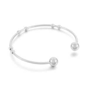 Minimalist silver stainless steel open bangle with sliding beads and spherical ends