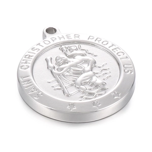 Silver stainless steel Saint Christopher protect us religious round pendant charm