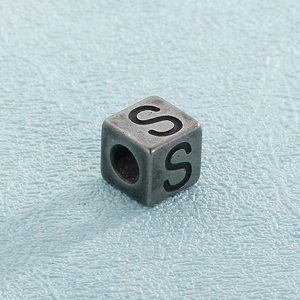 Vintage silver stainless steel cube bead featuring engraved letter S for jewelry making