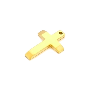Polished gold stainless steel cross pendant with top hanging loop on white background