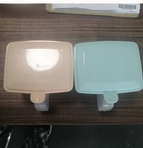 Dual-compartment kitchen seasoning box with spoons shown in apricot and light blue colors