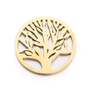 Polished golden stainless steel Tree of Life pendant necklace accessory with hollow design