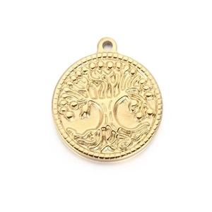 Golden titanium steel tree of life pendant with intricate relief details on white background