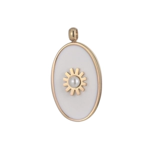 Golden oval pendant with white inlay, sun charm, and pearl detail on white background