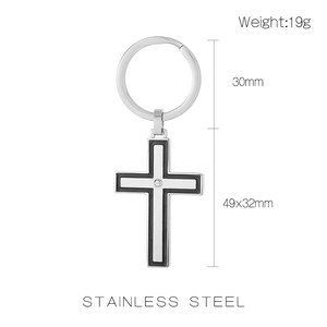Detailed specs of stainless steel cross keychain with size 49x32mm and 19g weight