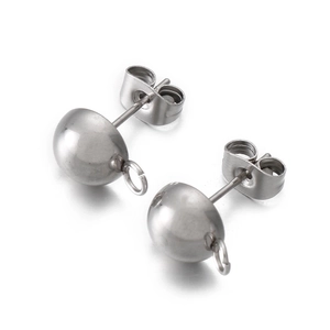 Close-up of silver-tone stainless steel semi-circle stud earrings with loops and backs