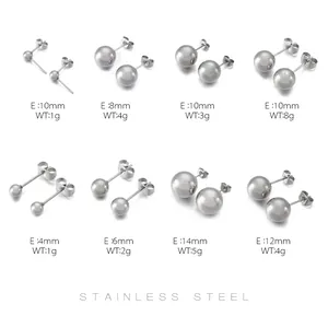 Size chart showing various ball stud earring dimensions from 4mm to 14mm in stainless steel