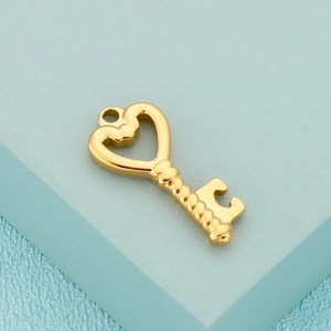 Macro detail of a golden heart-shaped key pendant charm in polished stainless steel
