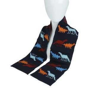 Écharpe tricotée bleu marine avec jacquard de dinosaures colorés pour enfants en hiver