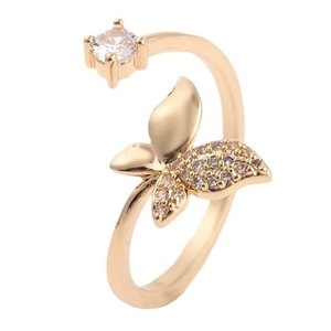 Golden butterfly open ring with micro-set cubic zirconia in a minimalist Korean style