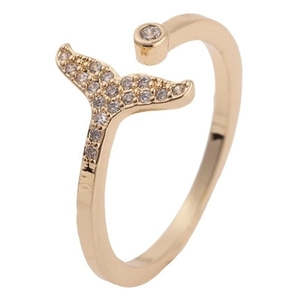 Exquisite gold fishtail open ring with sparkling zircon stones on a white background