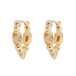 Gold-plated V-shaped drop earrings with micro-set pink zircon stones on white background