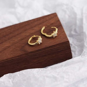 Detailed shot of S925 silver gold star earrings with cubic zirconia on wood background