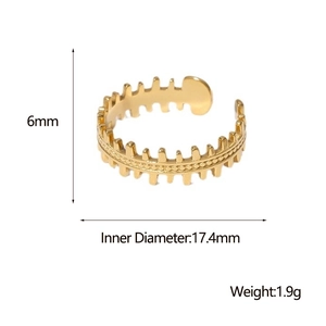 Macro view of gold-plated titanium steel fishbone ring with detailed size and weight specs