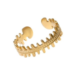Minimalist gold plated stainless steel open ring with unique fishbone design on white background
