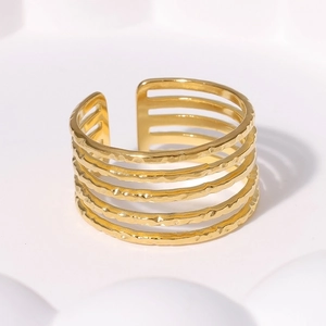 Multi-Layer Hammered Wide Band Open Ring 18K Gold Plated Stainless Steel Adjustable Minimalist Jewelry For Women Ins Style