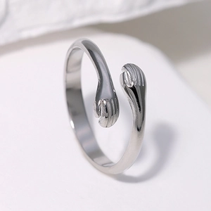 Polished stainless steel hugging hands open ring in a minimalist silver finish