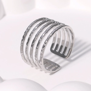 Minimalist five-layer open adjustable silver steel ring with a hammered metal texture
