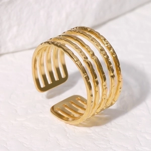 18K gold-plated titanium steel layered open ring with hammered finish for women