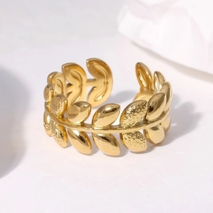 18K gold plated stainless steel leaf ring with adjustable open band for women