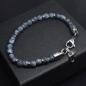 Map stone beaded bracelet with blue and black beads and silver metal accents for men