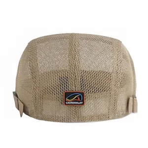 Rear view of khaki breathable mesh beret cap for children with adjustable strap and label