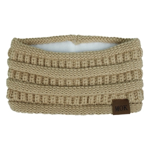 Detail of camel knit headband with white fleece lining and MOK leather label