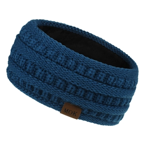 Close-up of blue knitted winter headband featuring MOK leather patch and warm fleece lining