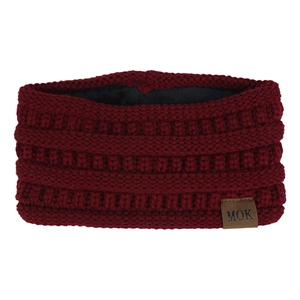 Detail of burgundy winter headband featuring warm black fleece lining and MOK leather patch