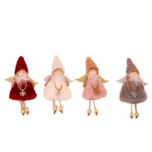 Plush Christmas angel dolls in red, white, pink, and grey with wooden beads and strings