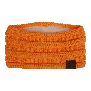 Detail of orange knit headband with soft white fleece lining and MOK leather logo patch