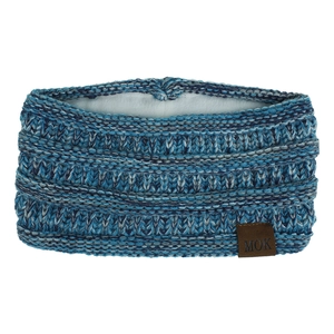 Detail of blue knit winter headband with soft lining and branded leather label