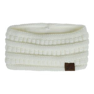 Close-up of white knitted ear warmer headband with a brown leather MOK label