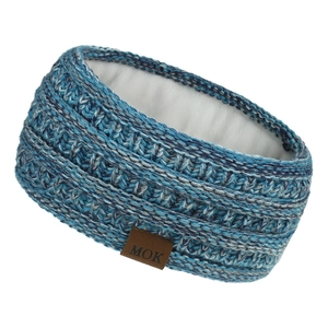 Detail of blue knit headband with soft white fleece lining and MOK leather patch