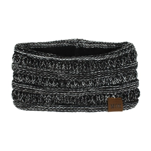 Detail of grey knitted winter headband with MOK leather patch and warm ribbed texture