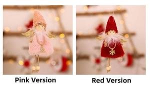 Pink and red plush Christmas angel pendants with gold tree and snowflake details