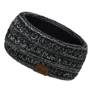 Close-up of black-gray knit headband with warm fleece lining and leather logo tag