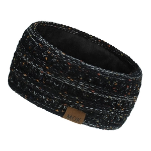 Close-up of black knit ear warmer headband with brown leather MOK label and warm lining