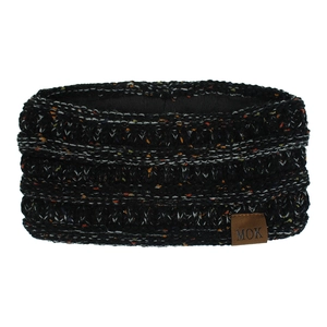 Detail of black fleece-lined knit headband with colorful spots and MOK leather label